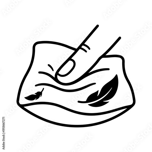 Minimalist icon of a finger touching a soft surface of fabric or a pillow with feathers, symbolizing gentleness, comfort and pleasant material texture. Vector illustration.