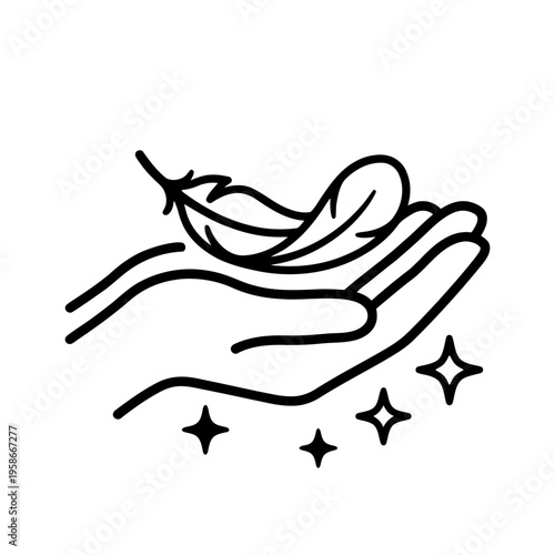 Black outline of a single feather floating over an open palm of a hand, isolated on a white background. Vector illustration.