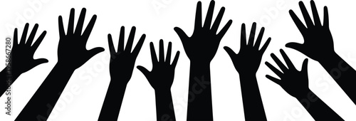 Group of diverse hands raising up in silhouette form on a plain white backdrop showing engagement