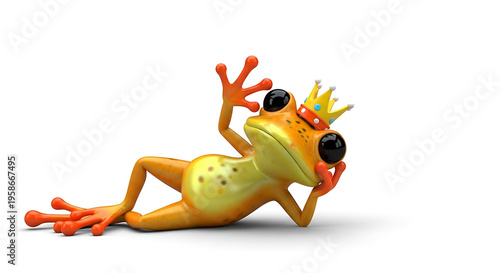 Funny cartoon frog wearing crown lying on ground looking up