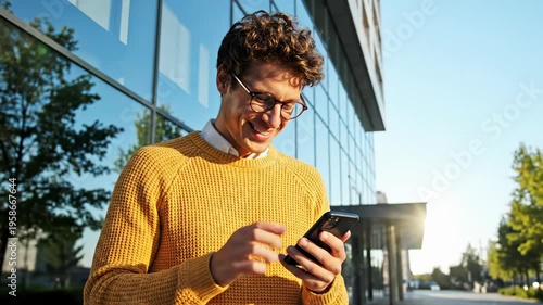 Young man smiles using smartphone outdoors. Bright sunlight illuminates urban setting. Happy moments captured in modern city. Enjoying technology in daily life.