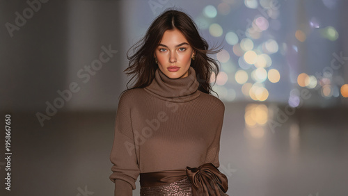 Beautiful young woman as a fashion model in a luxury high fashion catwalk fashion show