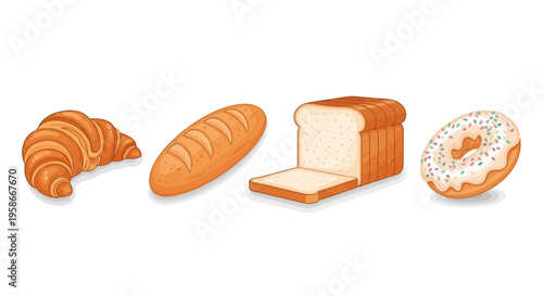 Assortment of Fresh Baked Goods Featuring Croissant, Baguette, Sliced Loaf, and Donut.