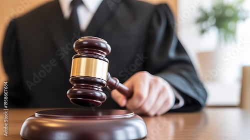 Judge holding wooden gavel in courtroom justice