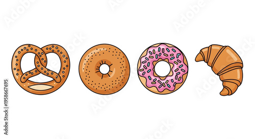 Cartoon illustration of assorted pastries including pretzel bagel pink donut and croissant.
