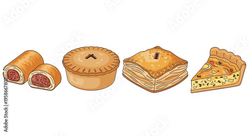 Illustrated assortment of savory baked pastries including sausage rolls pies and quiche slices.