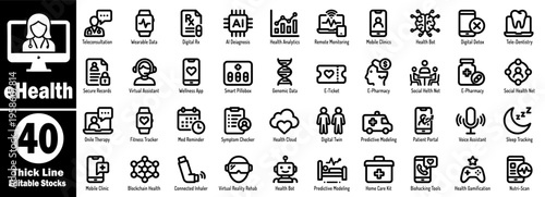 eHealth and medical technology icons set. Featuring teleconsultation, wearable data AI diagnosis, health analytics, and remote patient monitoring vector illustration.
