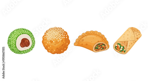 Colorful Vector Illustration of Assorted Asian Street Food Snacks Arranged in a Row.
