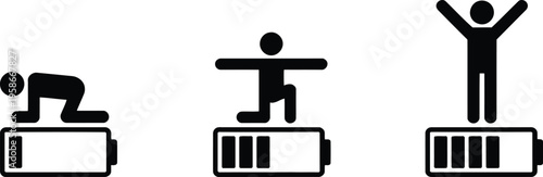 Illustrated progression of human energy from being drained and tired to completely charged and joyful