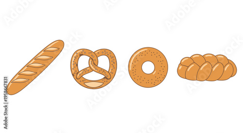 Illustrated Set of Traditional Breads Featuring Baguette Pretzel Bagel and Challah.