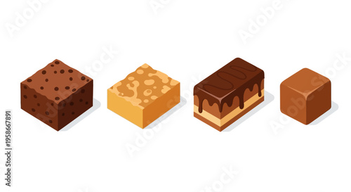Assortment of illustrated 3D cake squares including brownie sponge layered and chocolate varieties.