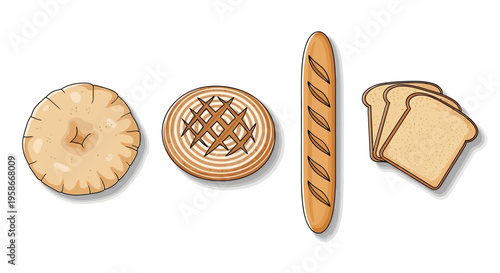 Assortment of Illustrated Baked Goods Featuring Flatbread, Lattice Pastry, Baguette, and Bread Slices.