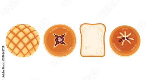 Illustrated Collection of Fresh Baked Pastries and Bread Items.