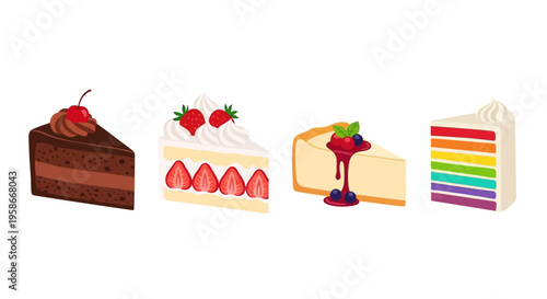Colorful vector illustration of assorted cake slices including chocolate cherry strawberry cheesecake and rainbow layers.