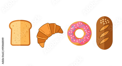 Vector illustration of assorted baked goods including bread slice croissant donut and baguette.