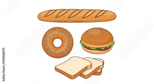 Cartoon Illustration of Assorted Bread Items Including Baguette Bagel Burger and Slices.