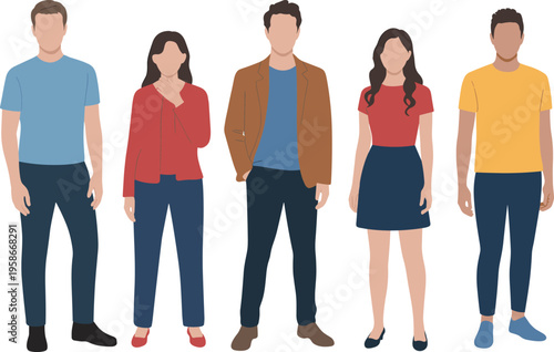 Diverse Group of Young Casual Professionals and Creative Students Standing Together in Flat Vector Design Style for Modern Business Teamwork and Social Community Concepts