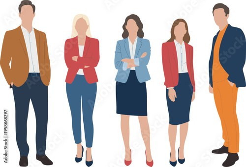 Diverse Group of Successful Business Professionals and Corporate Executives Wearing Suits and Blazers Standing Together in Flat Vector Illustration for Modern Office Teamwork Concepts