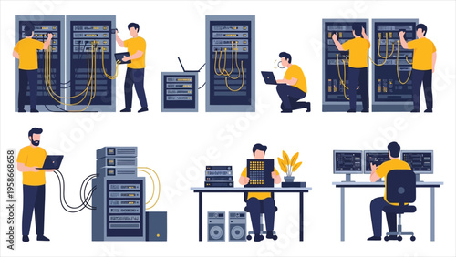 System administrator flat vector set featuring computer repair, server maintenance, and network configuration. Cartoon sysadmin characters isolated on white background