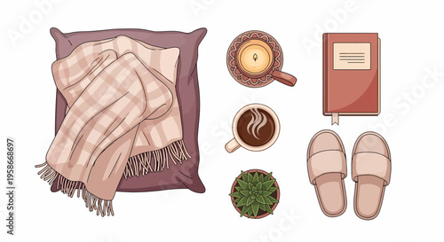 Cozy Slippers Blanket Pillow Coffee Notebook Relaxation.