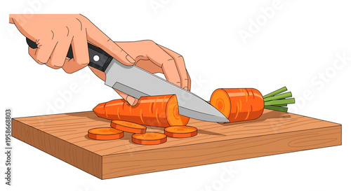 Hand Chopping Carrot on Wooden Board.