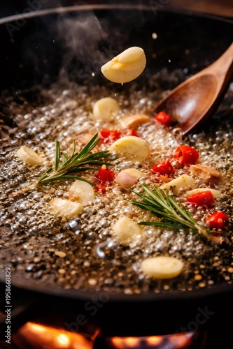 Garlic cloves, sliced red chilis, and fresh rosemary sprigs dropping into sizzling hot oil in a frying pan, creating aromatic steam and bubbles during the food preparation process
