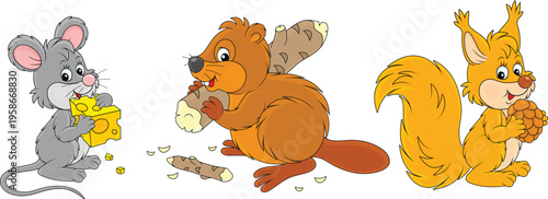 Vector collection of a cute mouse with a cheese, a little squirrel with a cone and a funny beaver