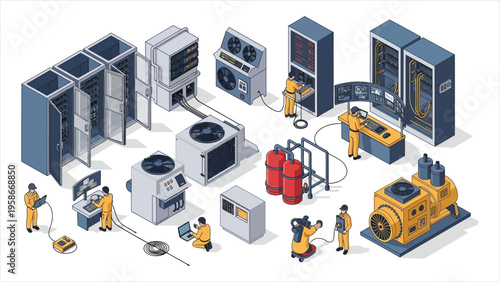 Isometric data center vector set with servers, network equipment, and infrastructure elements