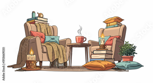 Cozy Armchairs with Books and Coffee.