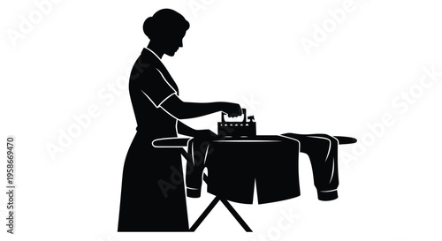 A woman ironing clothes on a board depicted in a striking silhouette