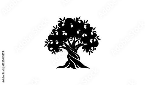 A minimalist black silhouette of a tree with apples and leaves