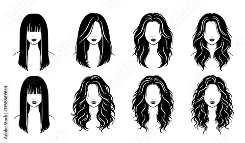 Canvastavla A set of eight black and white vector illustrations of women's hairstyles