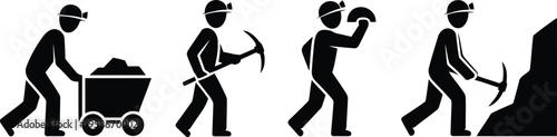 Set of black silhouette worker figures depicting key actions within the demanding mining industry