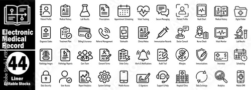 Electronic medical record icon set. Collection of patient data management, healthcare informatics, digital health solutions, clinic administration, medical information technology vector illustration.