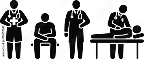 Several black silhouette stick figures illustrating different medical professionals performing patient consultations and examinations