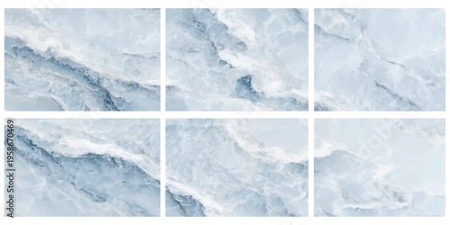 Blue marble texture background set, luxury light blue onyx stone pattern with white veins, abstract liquid flow tiles