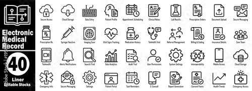 Electronic medical record icon set. Featuring patient data security, cloud storage, data entry, profile, appointment scheduling, clinical notes, lab results, and prescriptions vector illustration.
