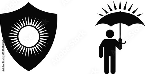 Sharp black shield with sun and person using umbrella icons signifying crucial sun protection