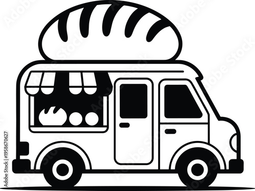 Black and white illustration of a bread delivery van with a large loaf on top coloring page