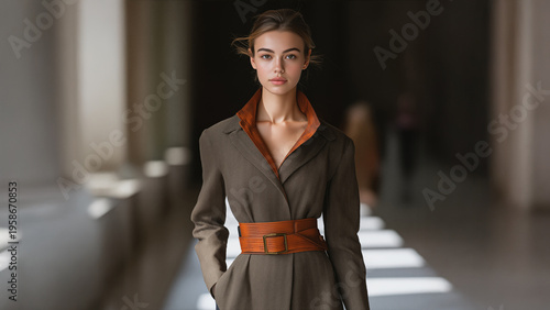 Beautiful young woman as a fashion model in a luxury high fashion catwalk fashion show