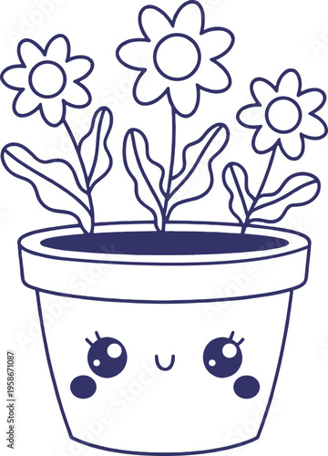 Cute cartoon flower pot with smiling face and blooming flowers coloring page