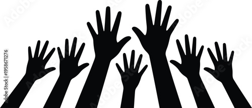 Silhouetted human hands reaching upwards in unison, representing collective action or a shared response
