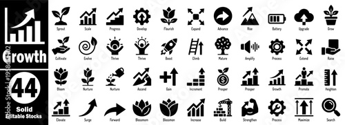 Growth solid icon set. Featuring sprout, scale, progress, develop, flourish, expand, advance, rise, battery, upgrade, grow, cultivate, evolve, thrive, boost, climb vector illustration.
