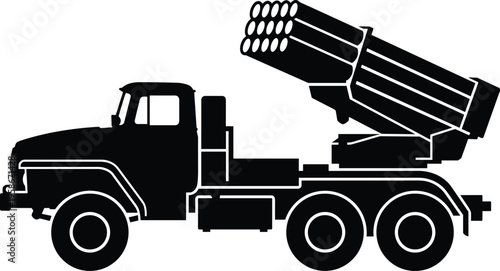 Military rocket launcher truck illustration, multiple rocket system vehicle icon, armored transport weapon design, defense technology concept, black and white vector isolated