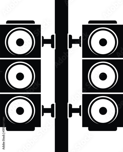 Symmetrical speaker system icon, audio equipment illustration, stereo sound concept, modern music technology graphic, black and white minimal design, isolated on background
