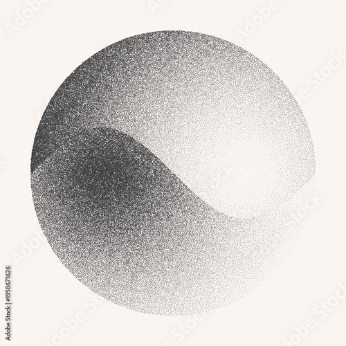 Abstract sphere with wavy division and grainy stipple shading. Minimalist vector illustration of a circular shape with dotwork texture and noise gradient on light background.