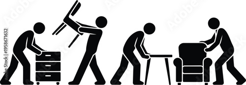 Silhouettes of people actively moving various pieces of furniture like drawers, a chair, table, and armchair