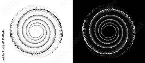 Abstract spiral halftone pattern with dotted concentric lines. Minimalist vector illustration of a swirling digital vortex or sonic wave isolated on black and white backgrounds.