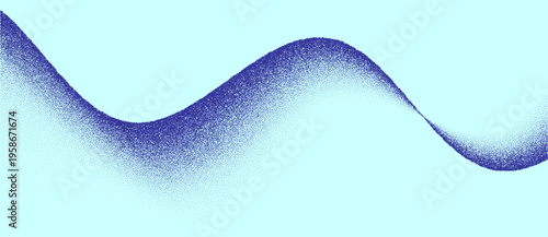 Abstract grainy blue wave pattern with stipple gradient effect. Minimalist vector illustration of flowing liquid or sandy noise texture isolated on light blue background.