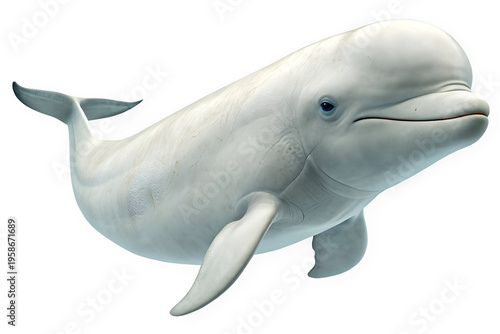 Friendly white beluga whale swimming and smiling isolated on transparent background